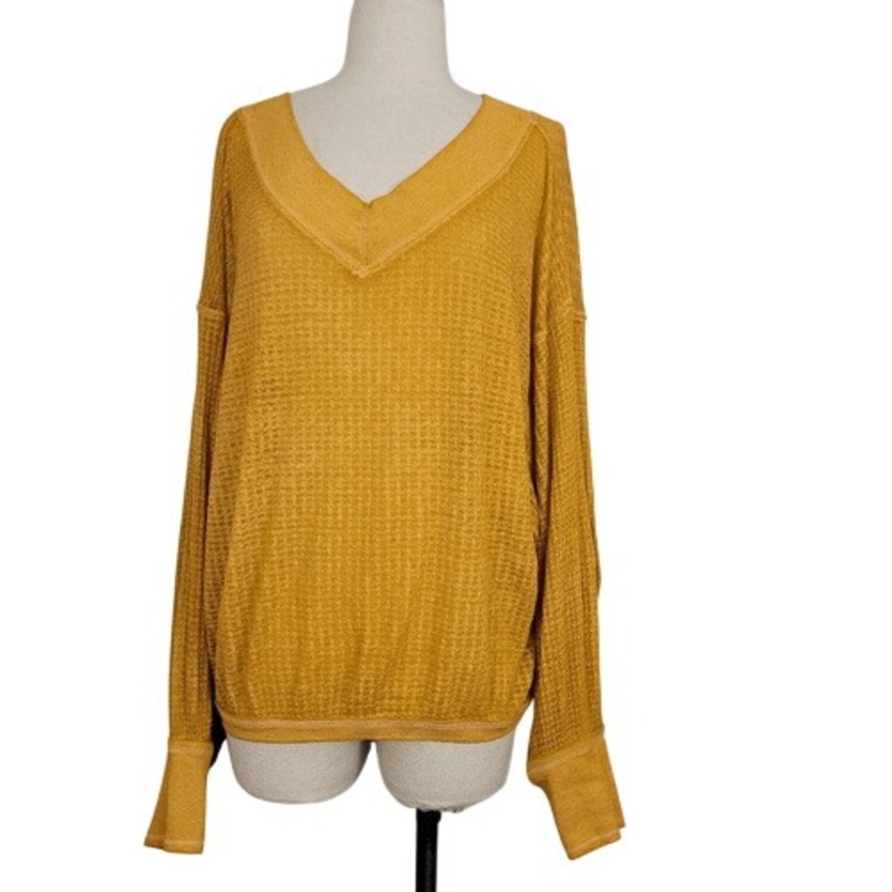 Free People South Side Thermal Top Sz S Oversized Knit Mustard Yellow Sheer
